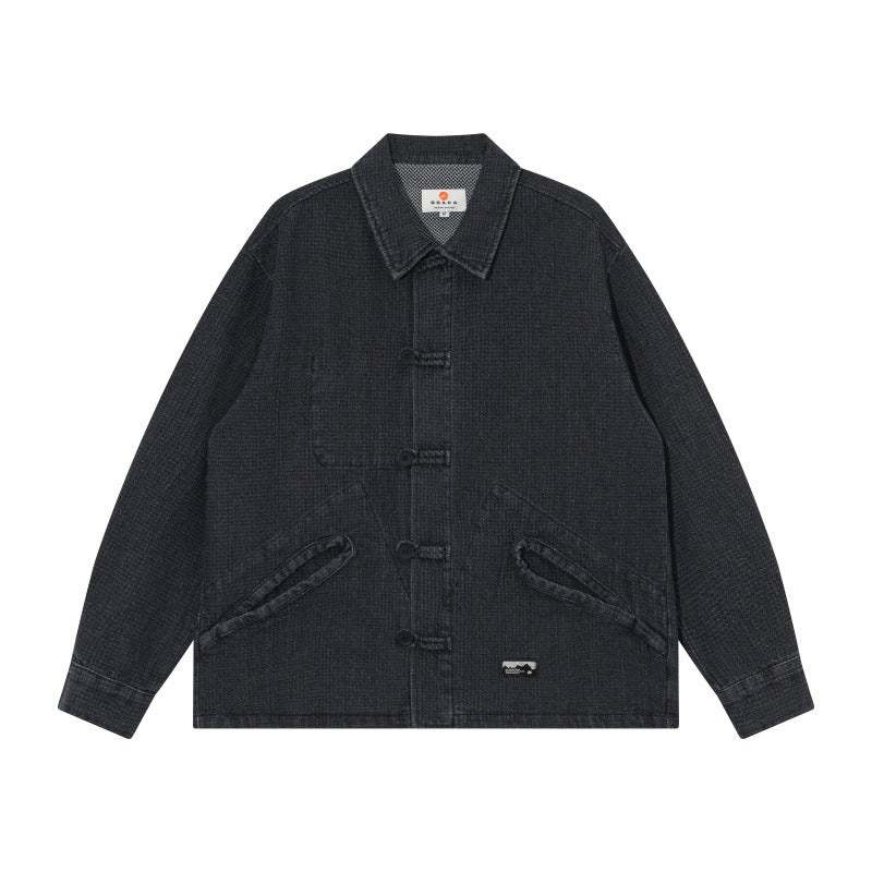 Herren Kurz geschnittene Denim-Chorejacke im Boxy-Blousonstil mit chinesischer Knebelknopfleiste Drune
