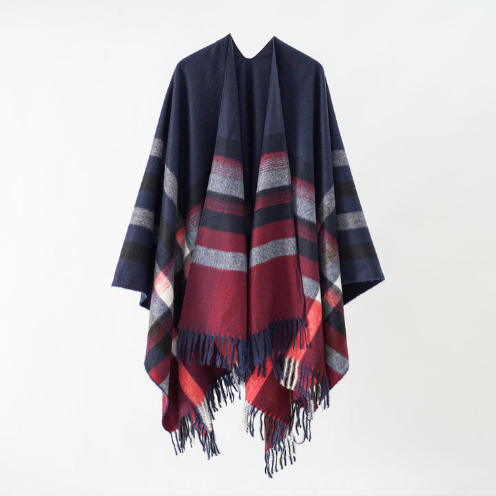 Damen Grobgewebte Cape‑Ruana im Oversize mit verlaufendem Karomuster und Fransensaum Drune
