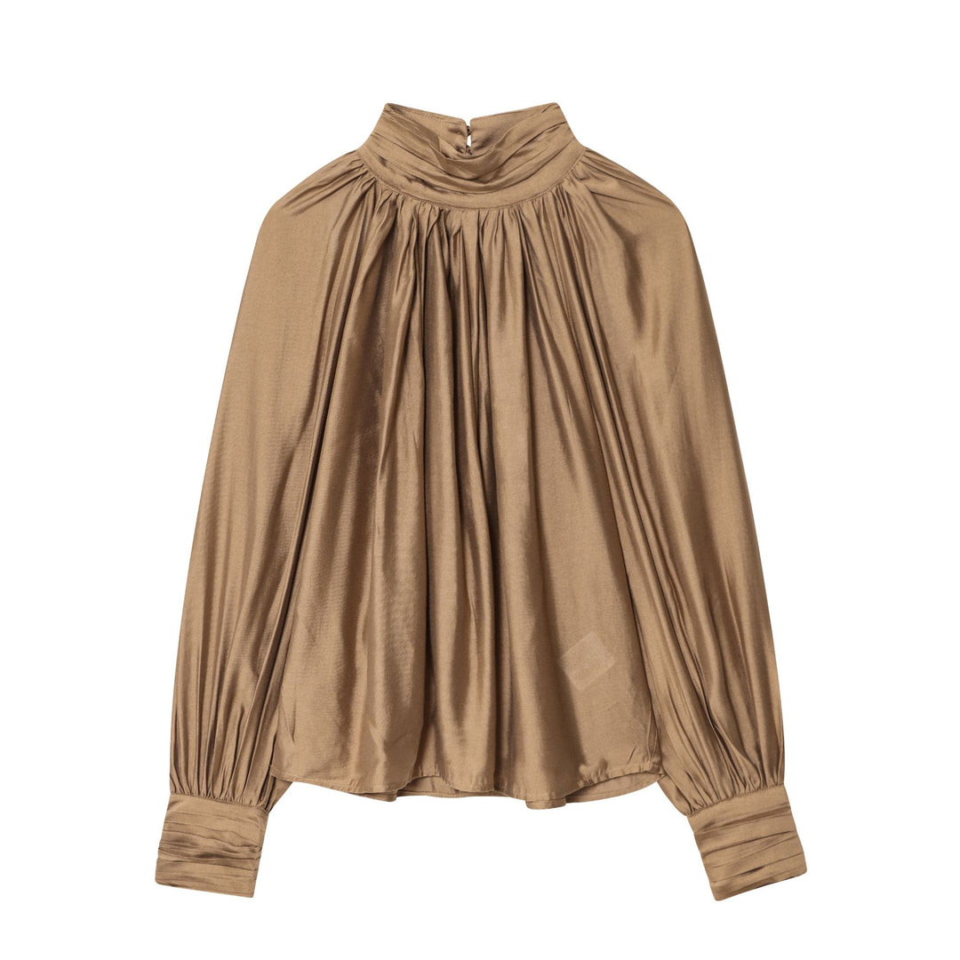 Damen nan plissierte Highneck-Bluse aus seidenähnlichem Satin mit Ballonärmeln und gerafften Manschetten Drune