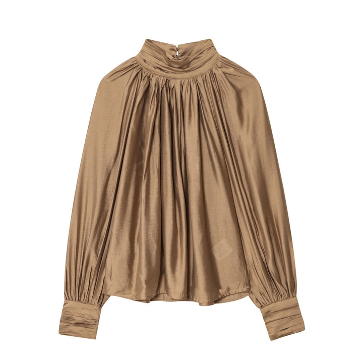 Damen nan plissierte Highneck-Bluse aus seidenähnlichem Satin mit Ballonärmeln und gerafften Manschetten Drune
