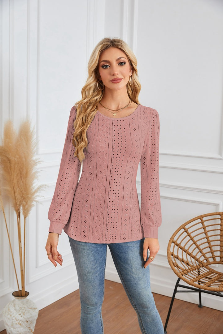 Damen Bluse mit luftigen Lochmustern und eleganten Puffärmeln Drune