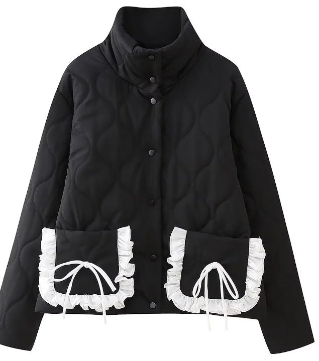 Damen gesteppte Kurzjacke mit Stehkragen und Volant‑Taschen Drune