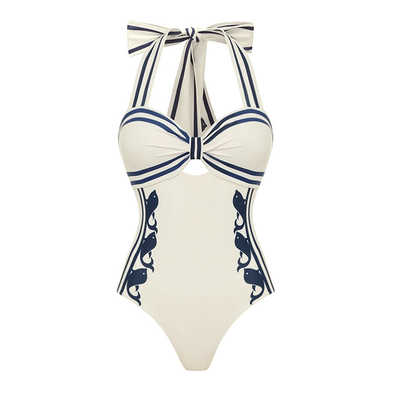 Damen Einteiler Badeanzug mit raffiniertem Cut-Out und dekorativen Schleifen Drune
