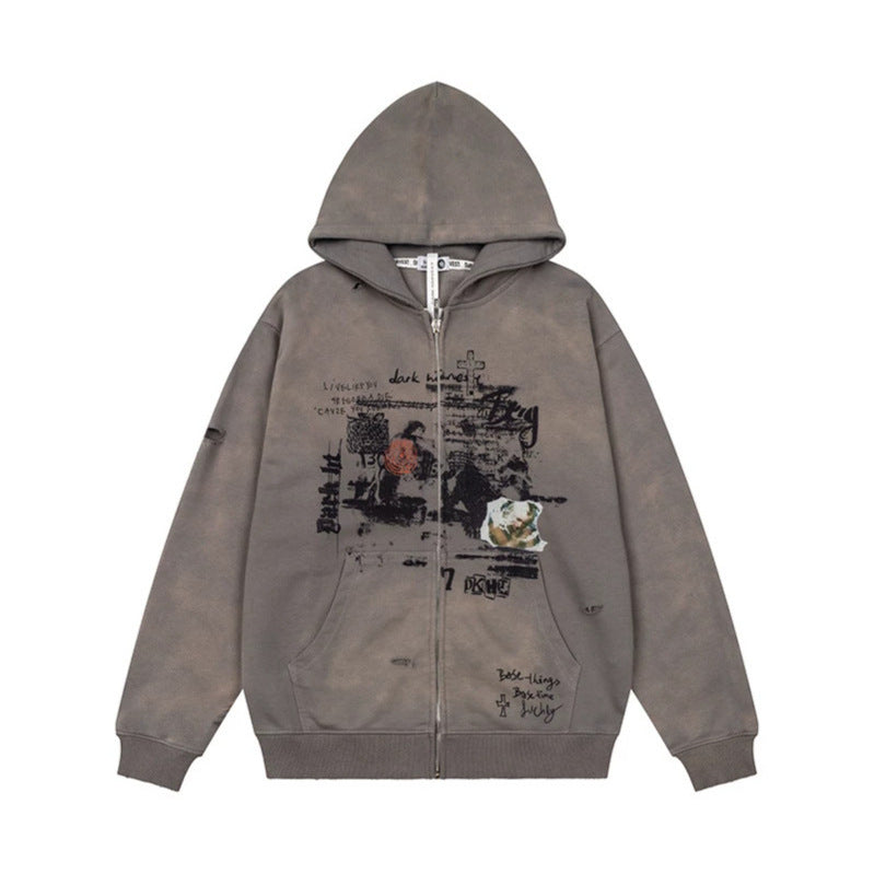 Unisex Oversize Kapuzenjacke mit Reißverschluss, Used‑Effekt, Vintage‑Print und Kängurutaschen Drune