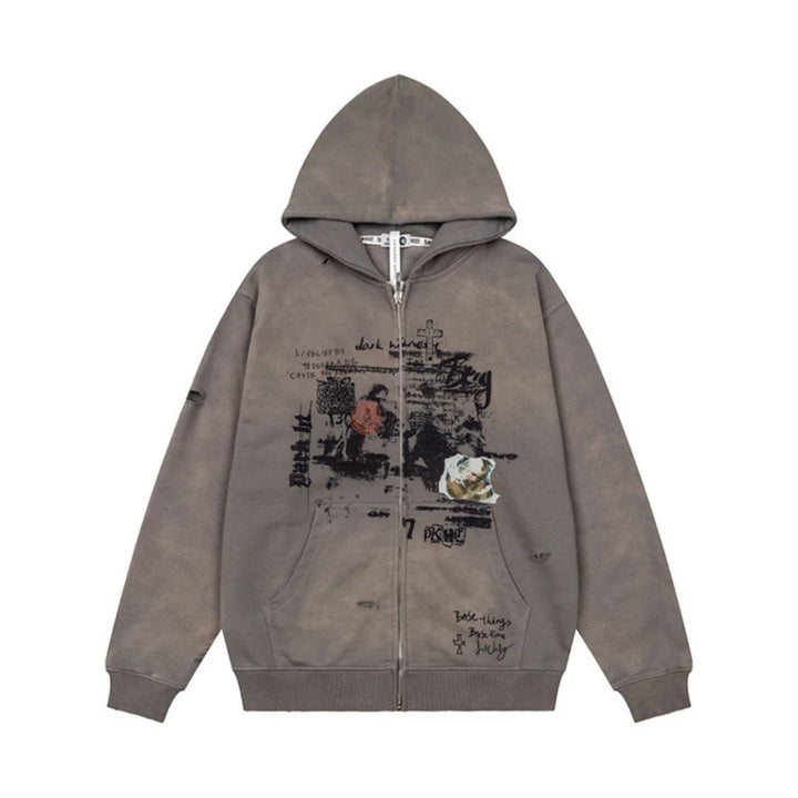 Unisex Oversize Kapuzenjacke mit Reißverschluss, Used‑Effekt, Vintage‑Print und Kängurutaschen Drune