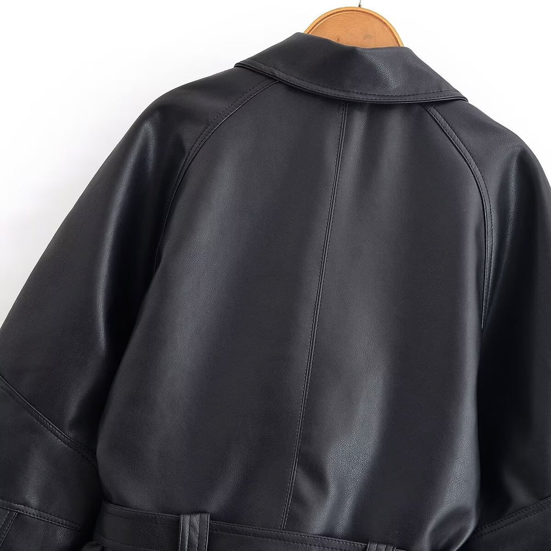 Damen Cropped-Lederoptik-Blouson mit Wickelgürtel, Oversize-Ärmeln und markanten Ziernähten Drune