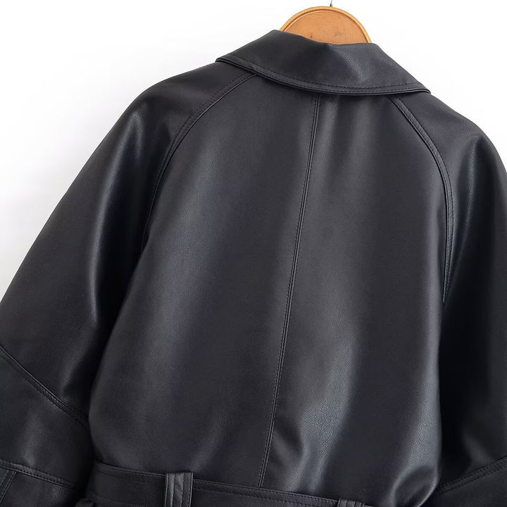 Damen Cropped-Lederoptik-Blouson mit Wickelgürtel, Oversize-Ärmeln und markanten Ziernähten Drune