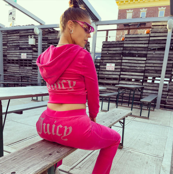 Damen luxuriöser Velours-Jogginganzug mit Glitzerakzenten und elastischem Bund Drune