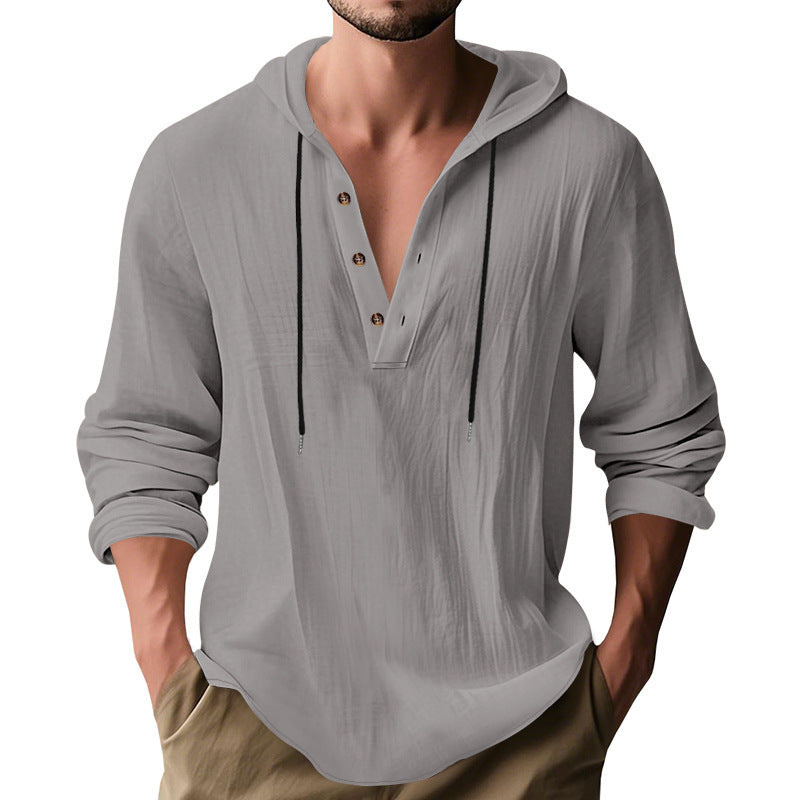 Herren nan lässiges Kapuzen-Henley Leinenmix Overshirt mit Kordelzug Drune