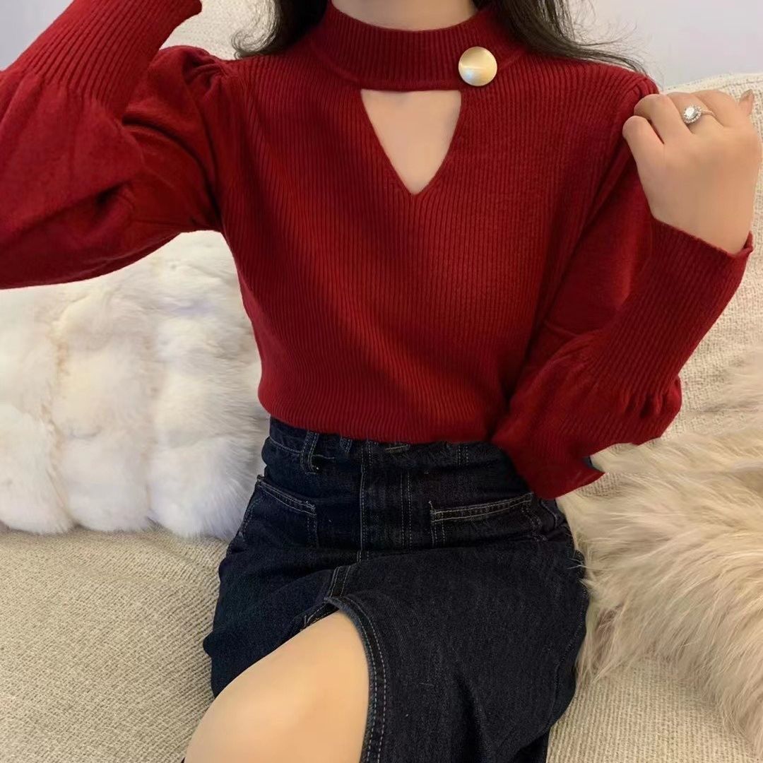 Damen Modischer Pullover mit V-Ausschnitt und dekorativer Knopfleiste Drune