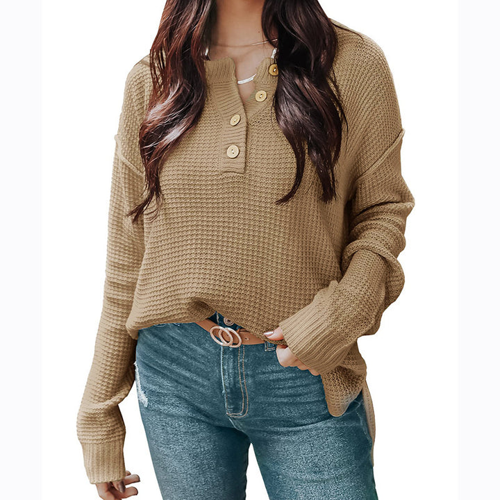 Damen nan lockerer Waffelstruktur Henley Pullover mit Knopfleiste und überschnittener Schulter Drune