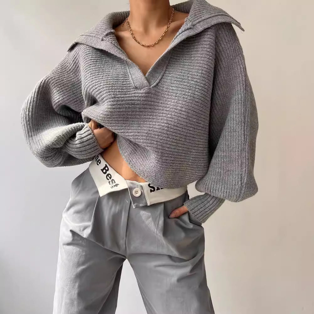 Damen Oversize Rippsweater mit Reverskragen und tiefem V‑Ausschnitt Drune