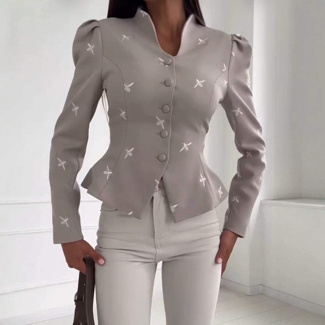 Damen Taillierter Peplum‑Blazer mit geschwungenem Stehkragen und Puffschulter‑Details Drune