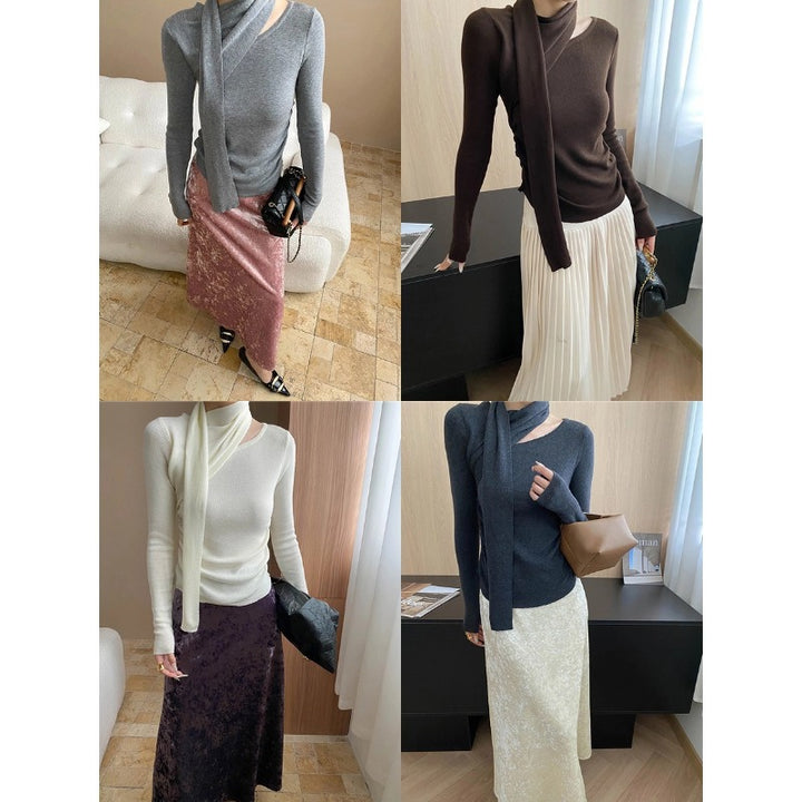 Damen elegantes Langarmoberteil mit Wickelkragen und figurbetontem Schnitt Drune