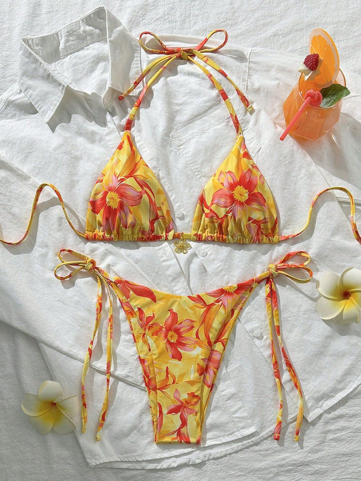 Damen Triangel-Bikini mit floralen Akzenten und raffinierten Bindebändern Drune