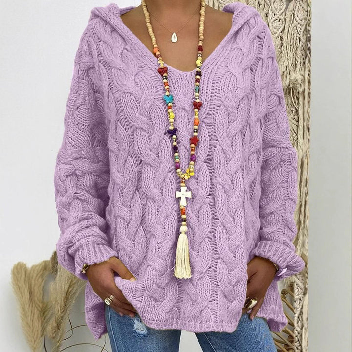 Damen Oversized Zopfmuster-Strickpullover mit Kapuze und lässigem V‑Ausschnitt Drune