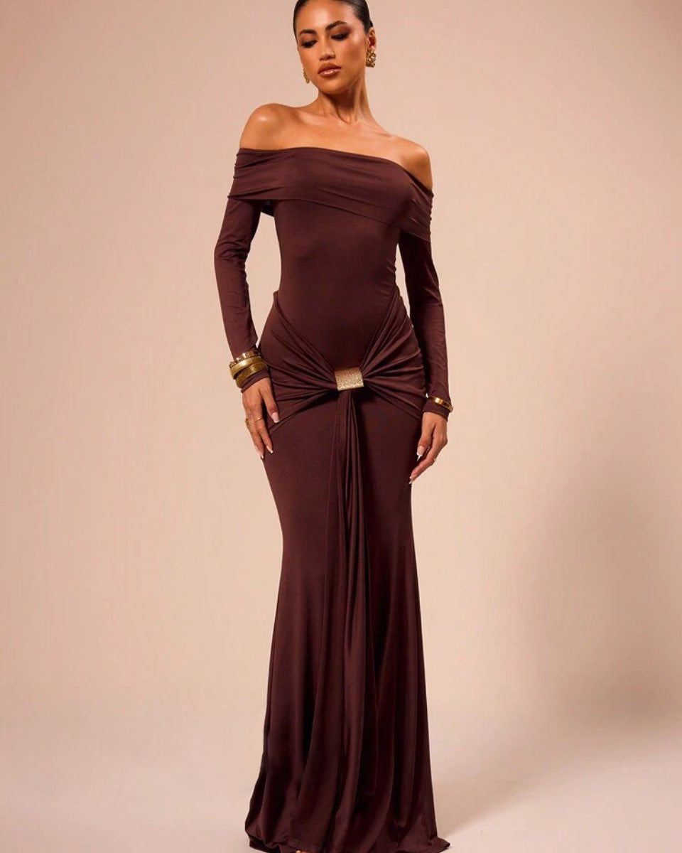 Damen Elegantes Off-Shoulder Maxikleid mit Raffungen Drune