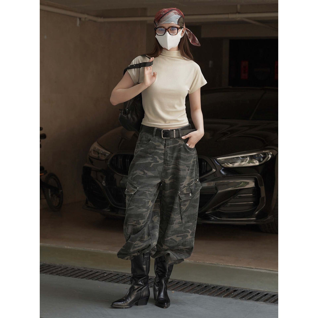 Damen Weite High‑Waist Cargo‑Ballonhose im Camouflage‑Look mit großen Klappentaschen Drune