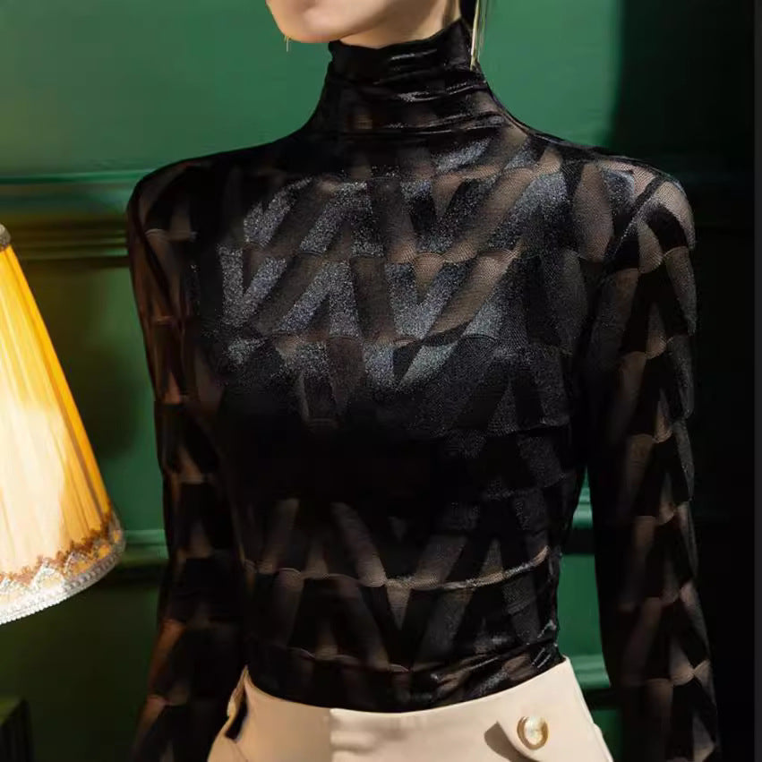 Damen Elegantes Rollkragenoberteil mit geometrischem Muster und transparenten Akzenten Drune