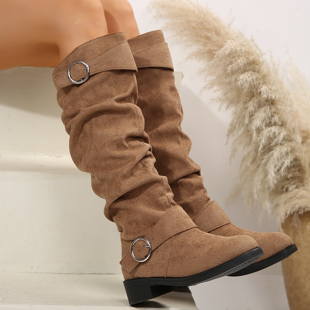 Damen Slouch-Stiefel kniehoch mit dekorativem Ringriemen und niedrigem Blockabsatz Drune