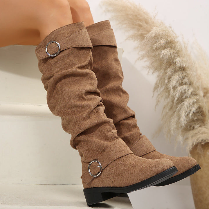 Damen Slouch-Stiefel kniehoch mit dekorativem Ringriemen und niedrigem Blockabsatz Drune