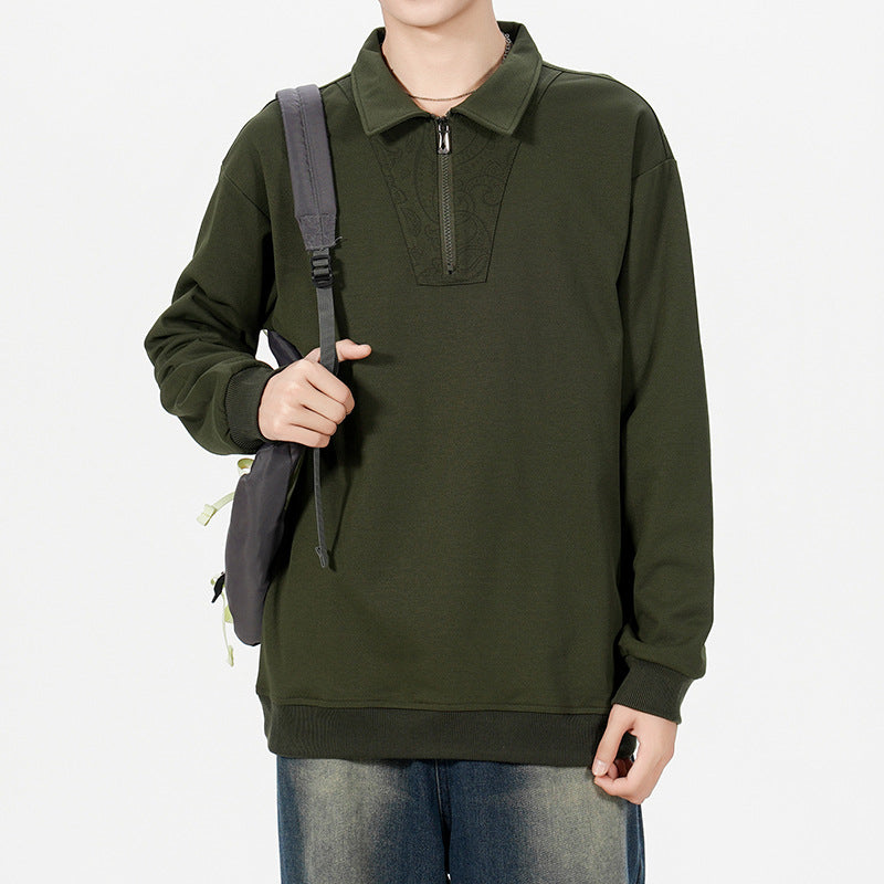Herren Lockeres Sweatshirt mit Polokragen, halbem Reißverschluss und Paisley-Besatz Drune