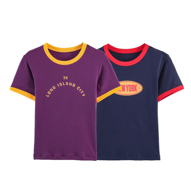 Damen modisches T-Shirt mit kontrastierenden Ärmeln und aufgedrucktem Schriftzug Drune