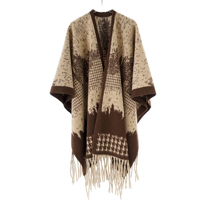 Damen Monochromer Jacquard-Capeponcho aus Wollmix mit Fransen und Oversize-Fall Drune
