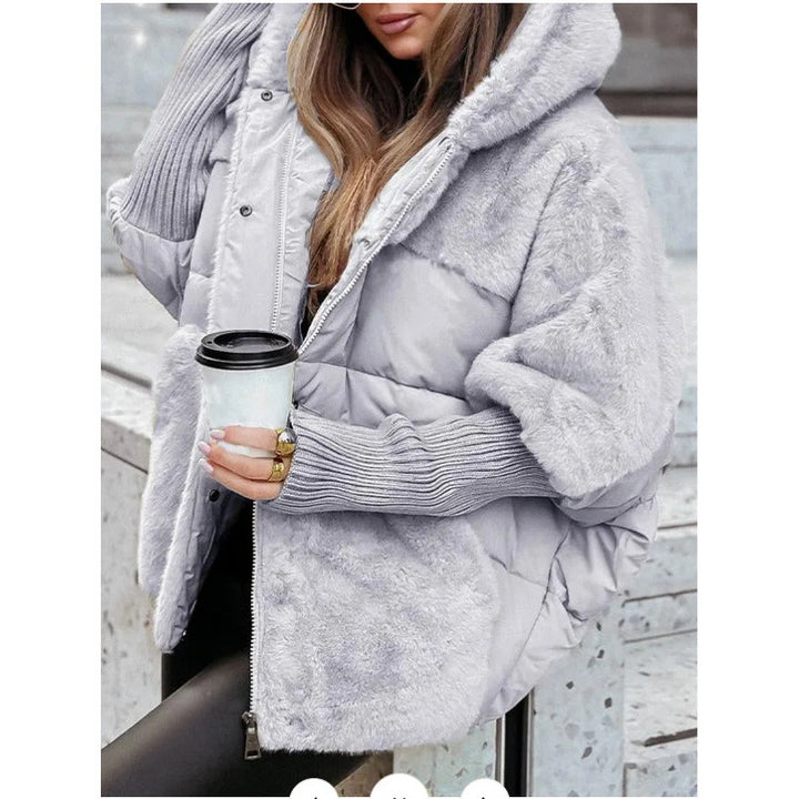 Damen nan gesteppte Kurzjacke mit Teddyfell-Einsätzen, Kapuze und integrierten Rippbündchen Drune