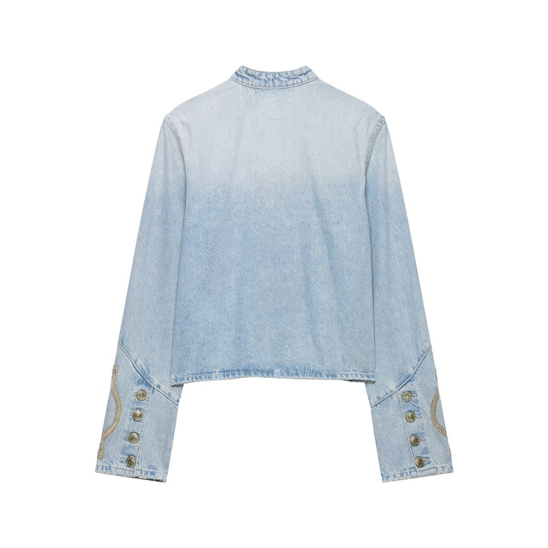 Damen Kurzer Denim-Militärblouson mit dekorativen Kordeln und Stehkragen Drune
