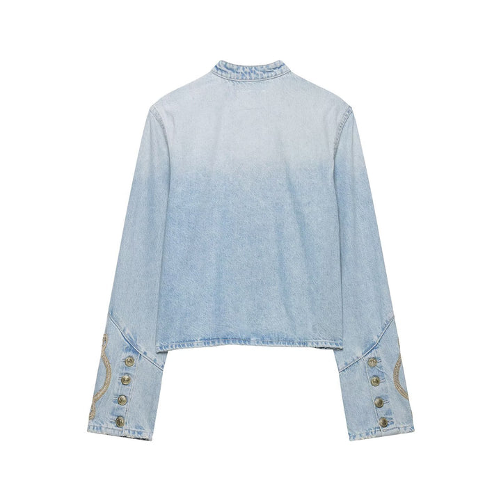 Damen Kurzer Denim-Militärblouson mit dekorativen Kordeln und Stehkragen Drune