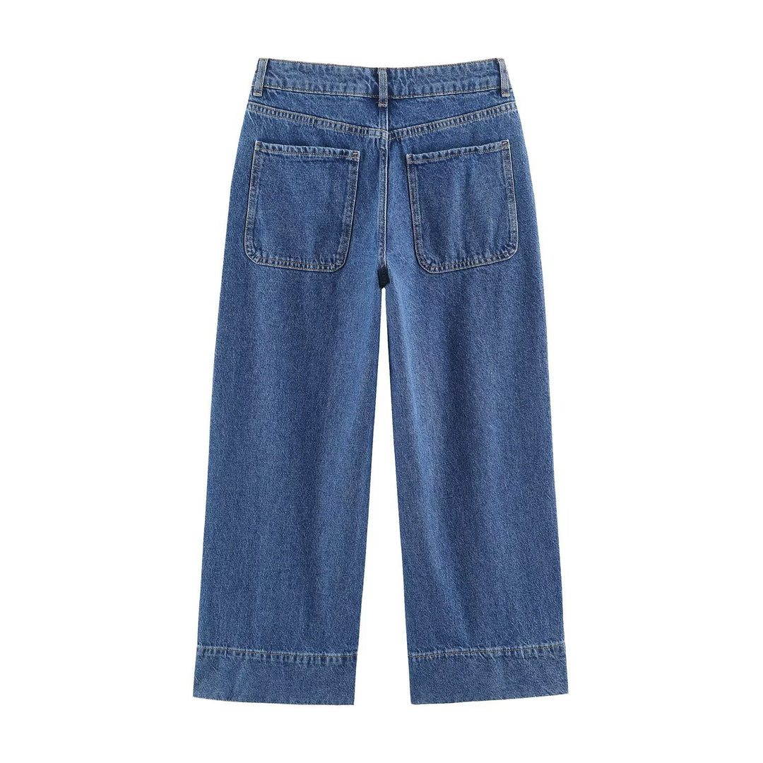 Damen Weite High‑Waist Jeans mit aufgesetzten Fronttaschen und Kantennaht Drune