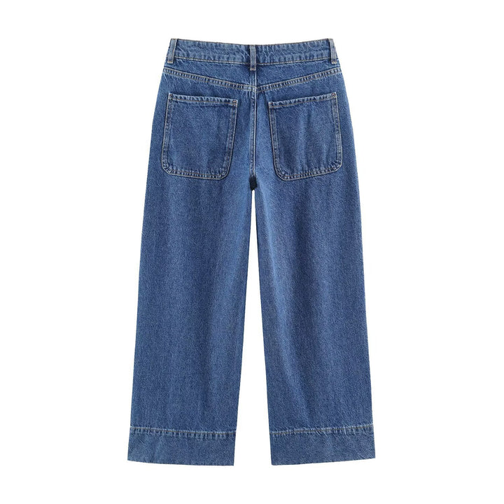 Damen Weite High‑Waist Jeans mit aufgesetzten Fronttaschen und Kantennaht Drune