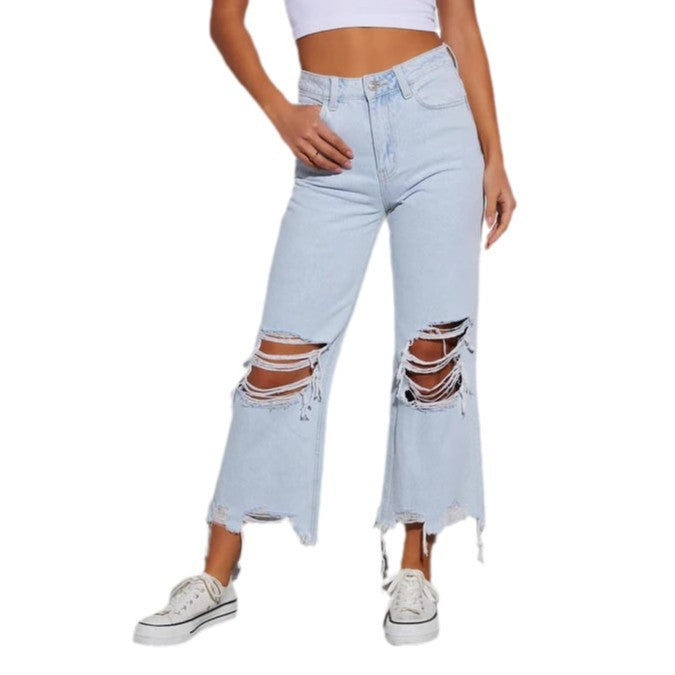 Damen Mom Jeans mit ausgefranstem Saum und Rippen-Details Drune