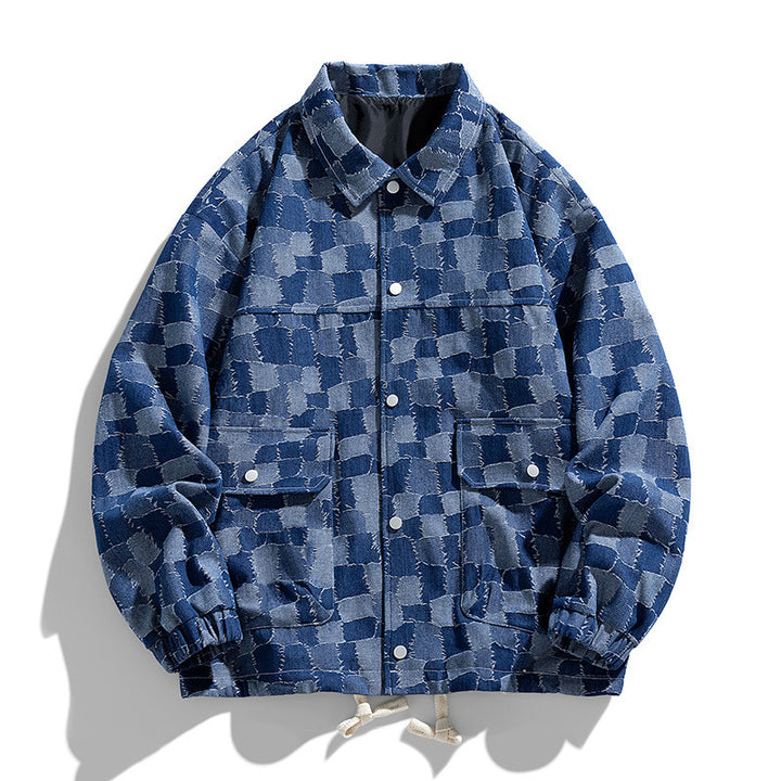 Herren Oversize-Jeansjacke im Karo-Look mit Druckknöpfen, Pattentaschen und Kordelzug Drune