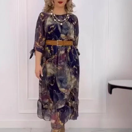 Damen Elegantes Chiffon Maxikleid mit floralen Akzenten, gestuftem Rock und 3/4-Ärmeln Drune
