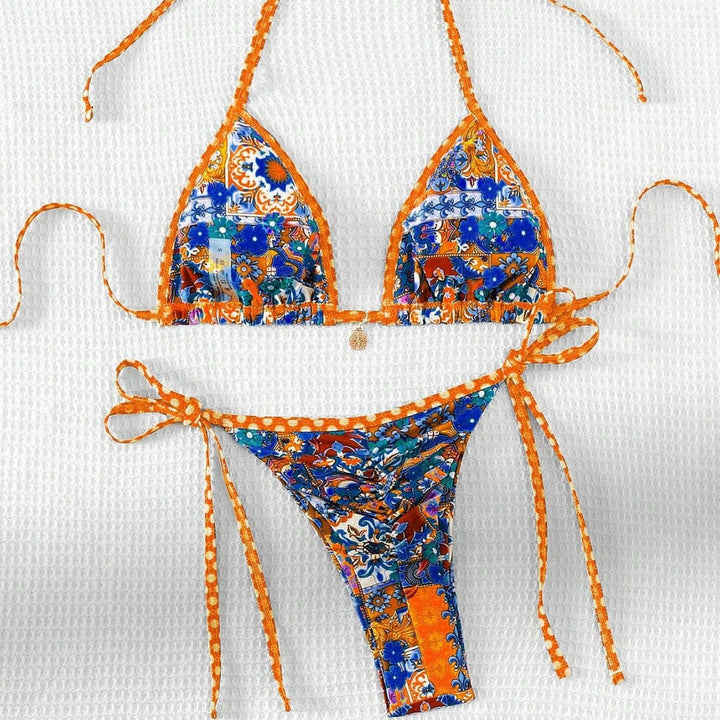 Damen Triangel-Bikini mit buntem floralen Muster und verstellbaren Bändern Drune