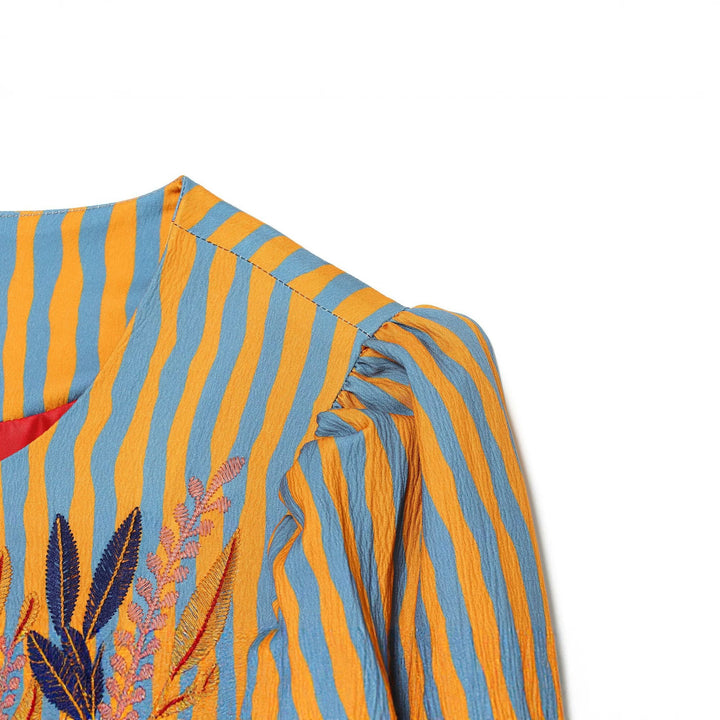 Damen Gestreifte Blusenjacke mit Blumenstickerei und Ballonärmeln Drune