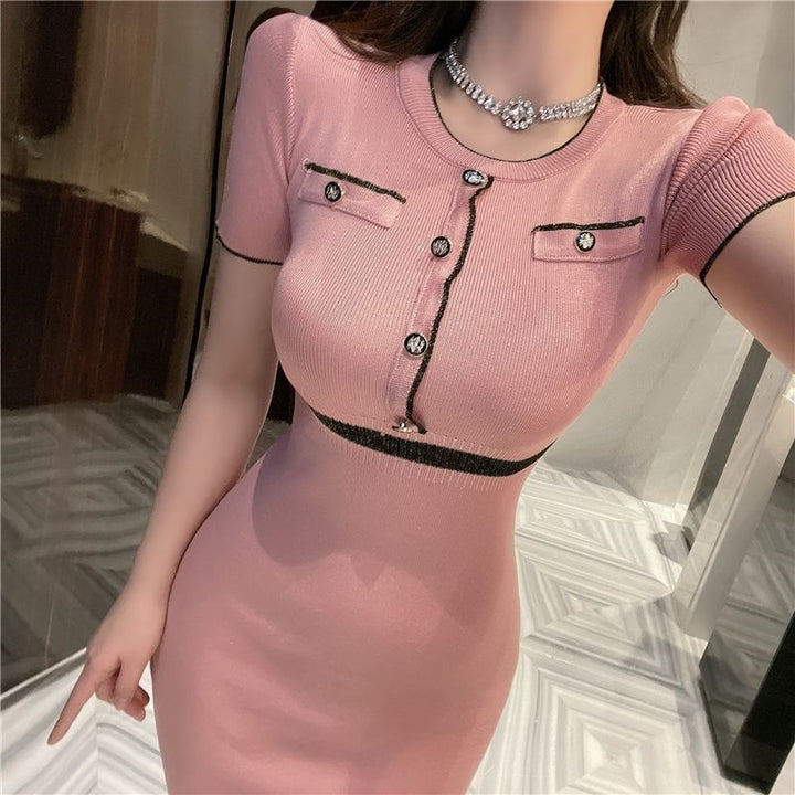 Damen elegantes Tweed-Kleid mit kurzen Ärmeln und klassischen Knöpfen Drune