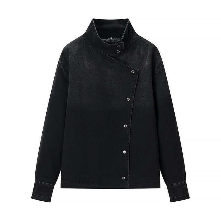 Damen moderne Denimjacke mit asymmetrischem Kragen und praktischen Druckknöpfen Drune
