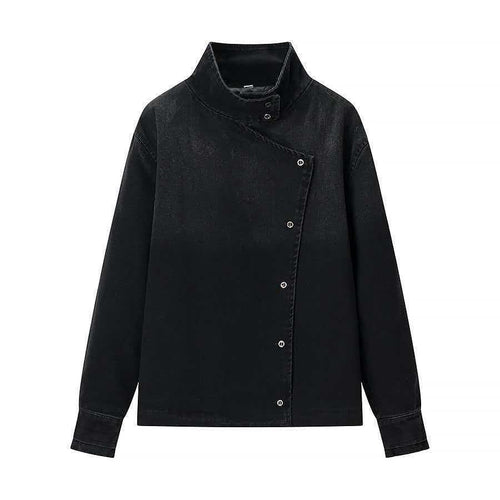 Damen moderne Denimjacke mit asymmetrischem Kragen und praktischen Druckknöpfen Drune
