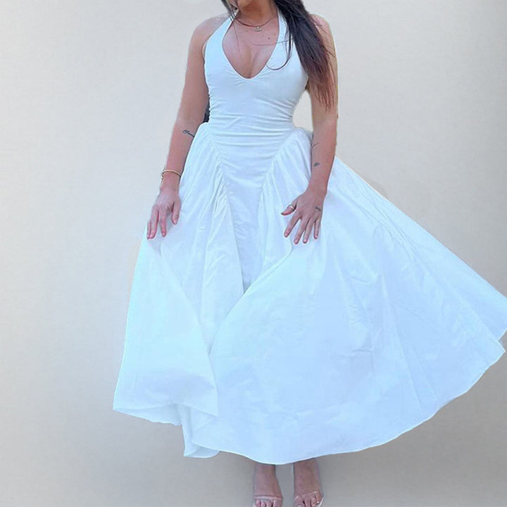 Damen Abendkleid mit tiefem V-Ausschnitt und voluminösem Rock Drune