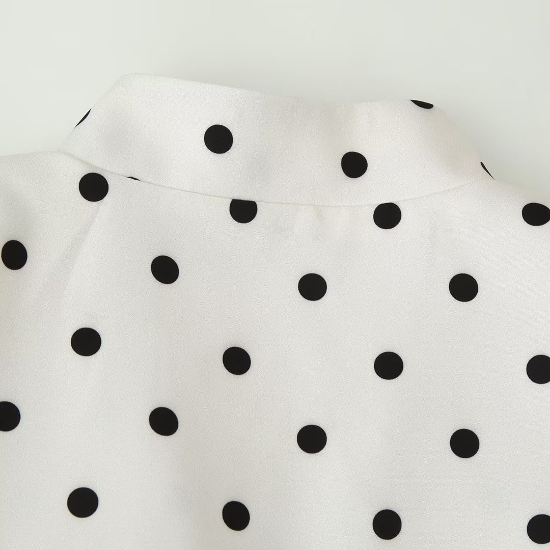 Damen Gepunktete Bluse mit Stehkragen, Puffärmeln und Peplum-Saum Drune