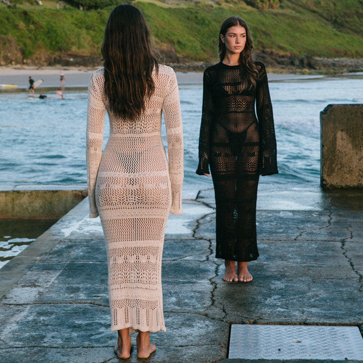 Damen Häkel-Strandkleid mit langem Schnitt und Boxermuster Drune