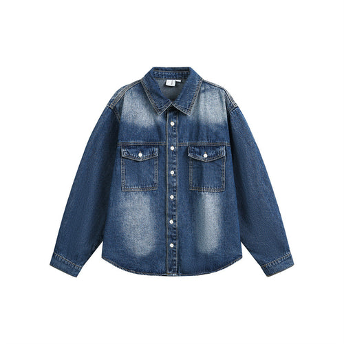 Unisex Oversized Denim-Hemdjacke im Vintage-Wash mit aufgesetzten Brusttaschen Drune