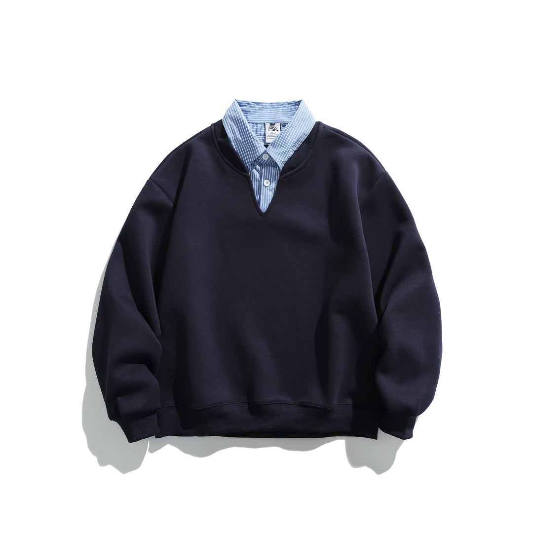 Unisex Sweatshirt im Layering-Look mit eingearbeitetem Hemdkragen und V-Ausschnitt Drune