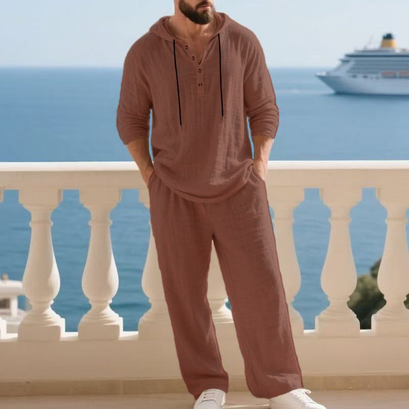 Herren nan lässiges Leinenzweiteiler-Set mit Kapuzenhemd im Henley-Stil und weiten Freizeit-Hosen Drune
