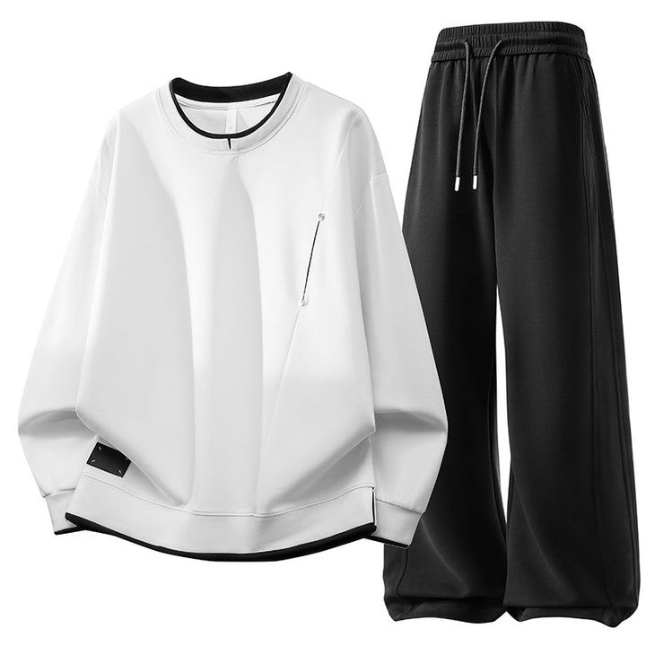 Unisex oversized Freizeitset Neoprenoptik Sweatshirt mit Kontrastbesatz und weiter Jogginghose Drune