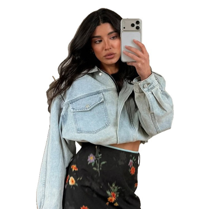 Damen Cropped-Denimjacke mit Tunnelzug, kastiger Oversize-Silhouette & Pattentaschen Drune