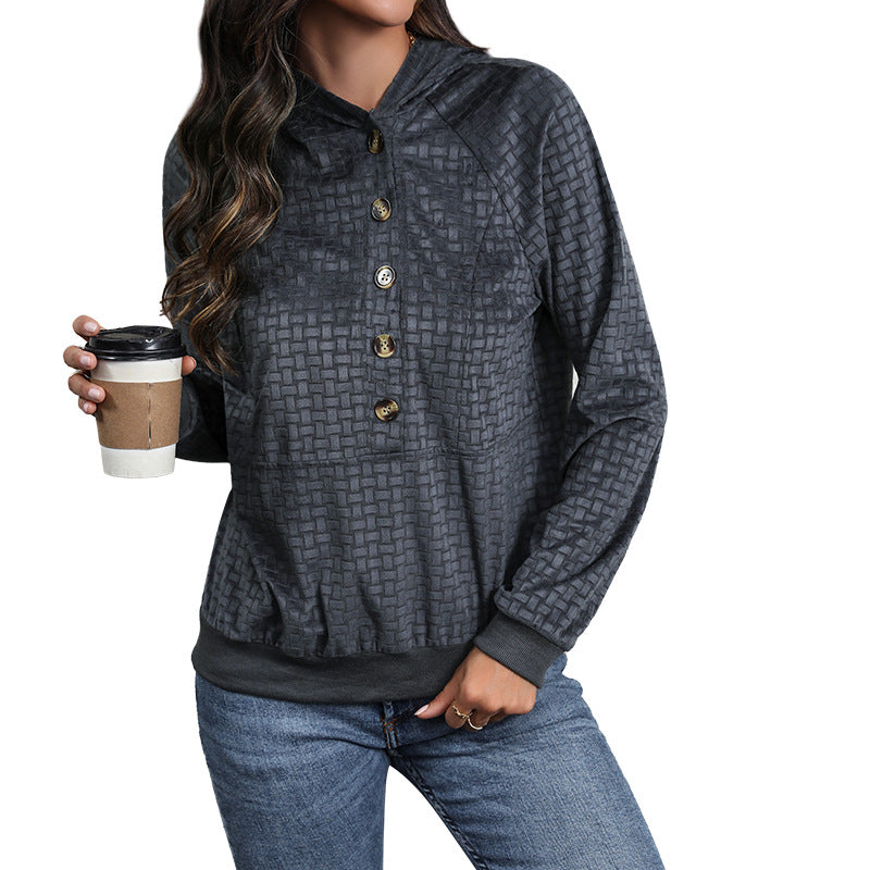 Damen Texturierter Kapuzenpullover mit Knopfleiste und Strukturmuster Drune